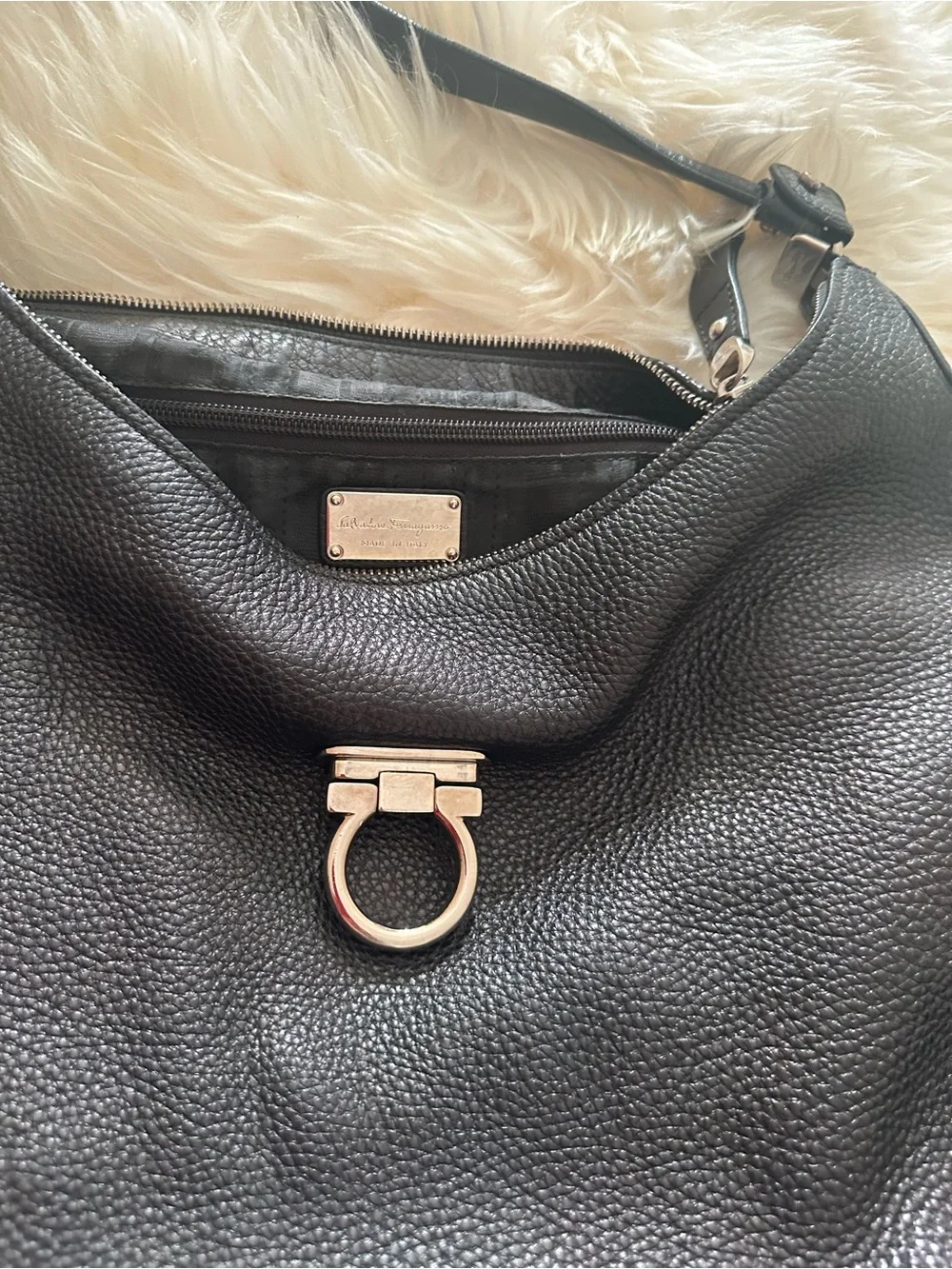Salvatore Ferragamo Black Pebbled Leather Shoulder Bag with Silver Hardware